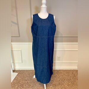 Vintage 90s Denim Jumper Dress 16WP Dark Wash Modest Maxi Timeless